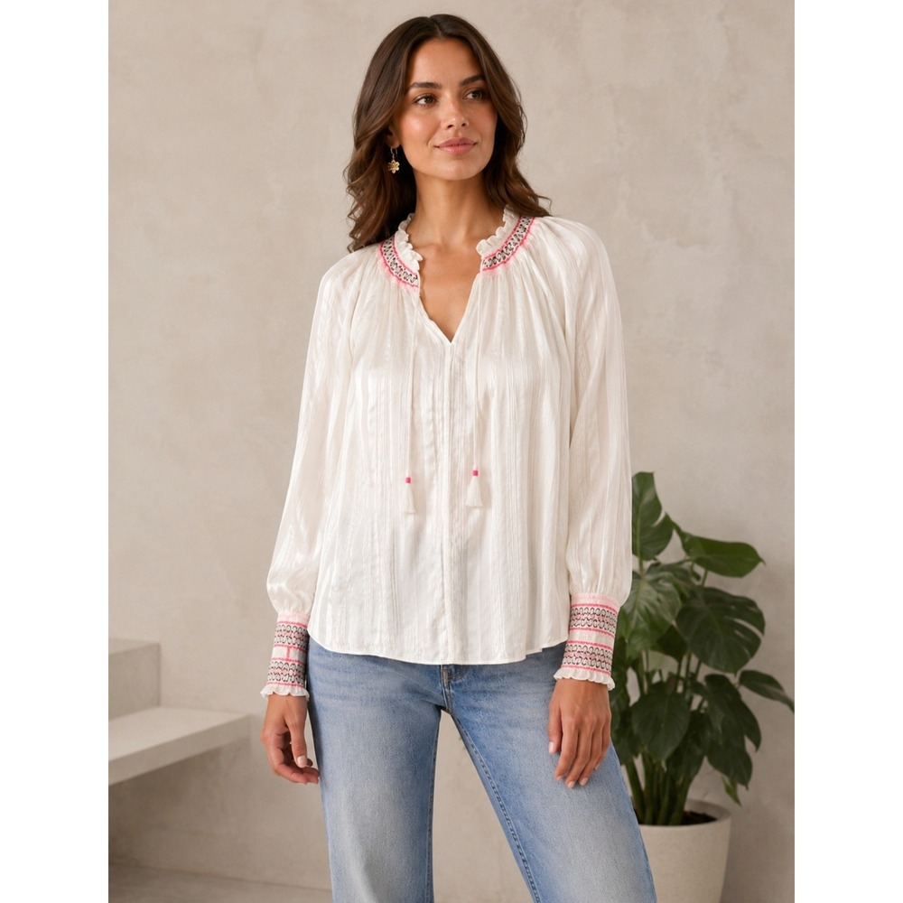 Johnny Was White 100% Silk Smocked Embroidered Peasant Blouse Tassel XS R11118-S